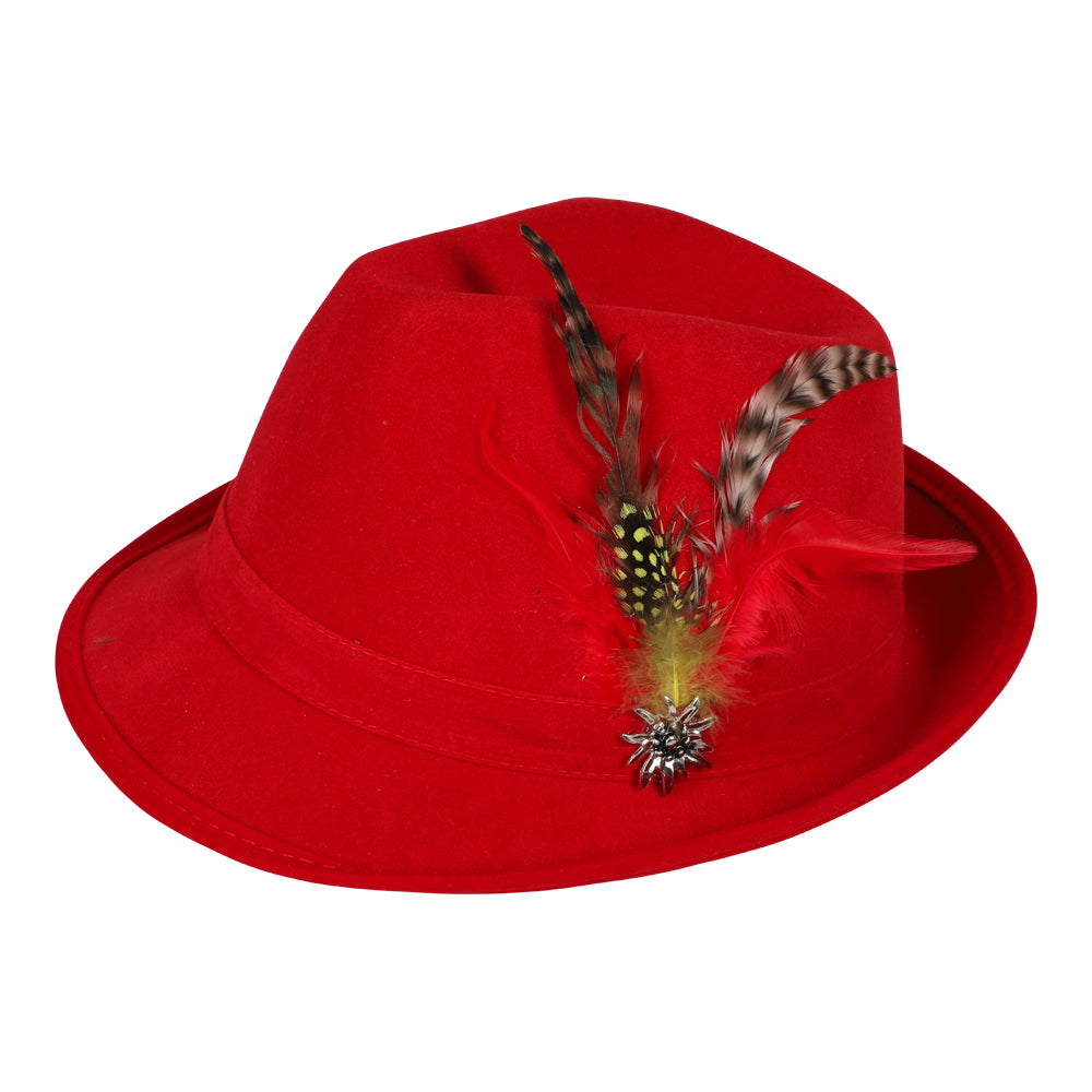 Röd Oktoberfest-hatt med fjädrar