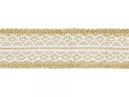 Juteband med vit spets 4 cm x 5 m