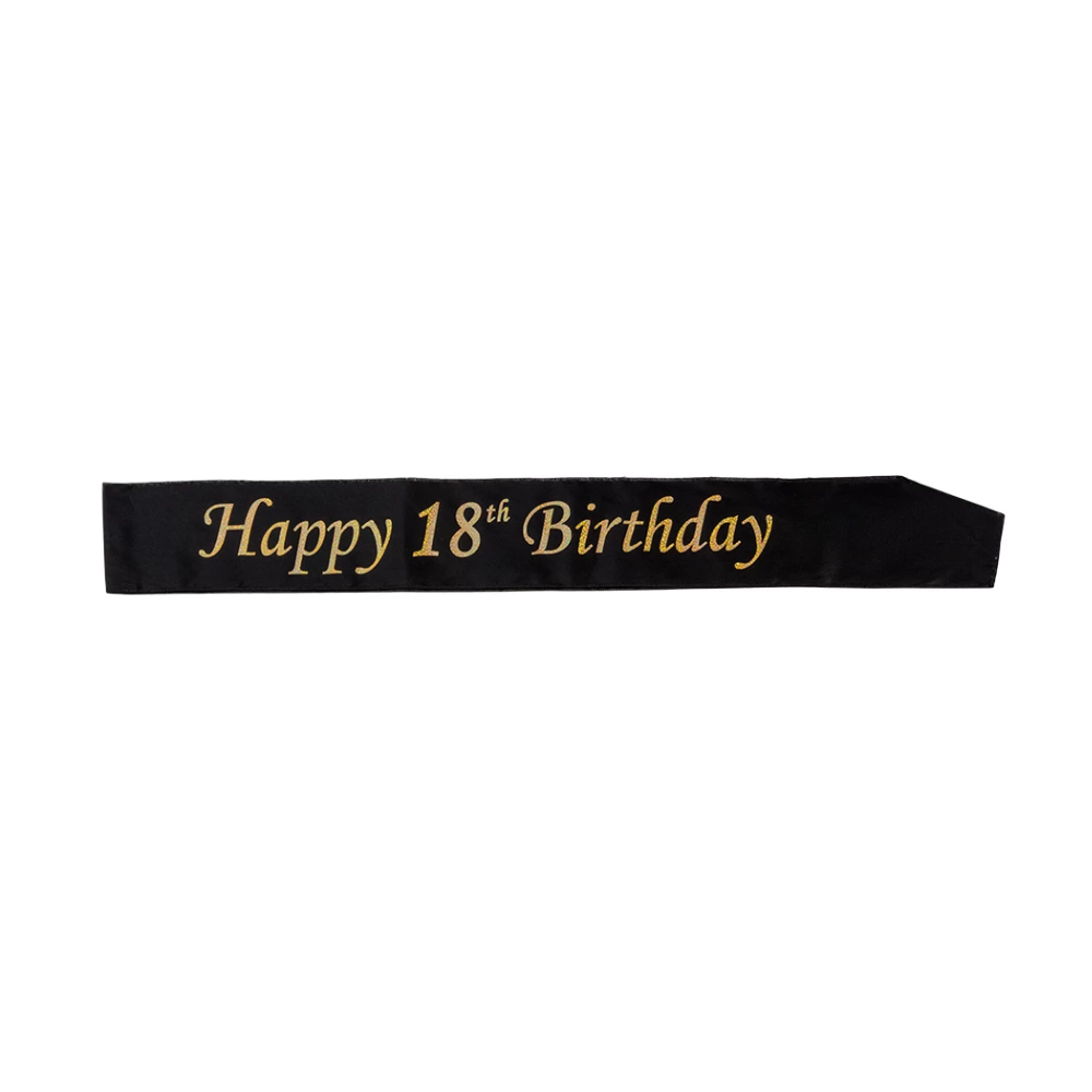 Ordensband Happy Birthday årtal - svart med guldtext