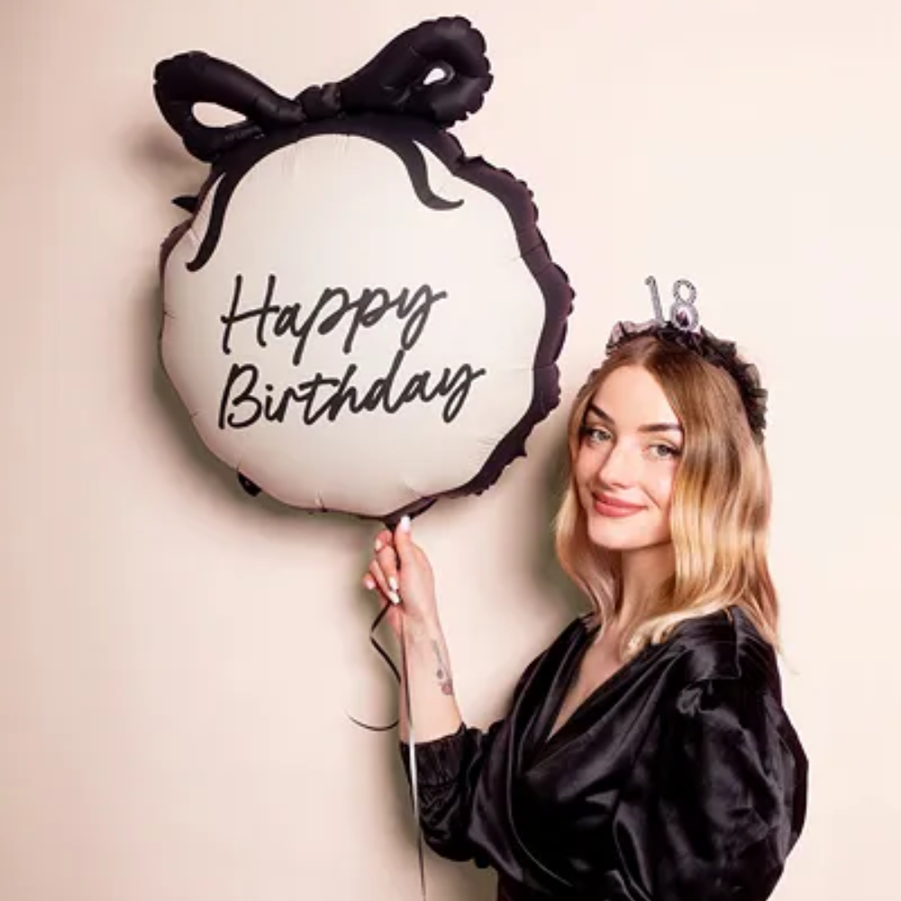 Folieballong svart rosett - Happy Birthday