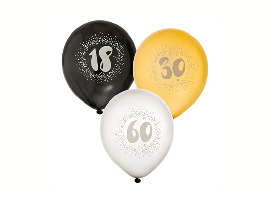 Latexballonger årtal guld, silver & svart 6-pack