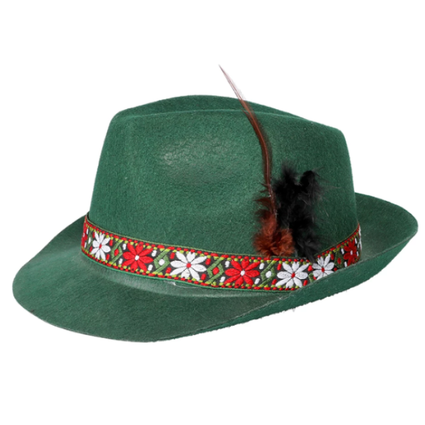 Tyrolerhatt grön med fjäder och blommor