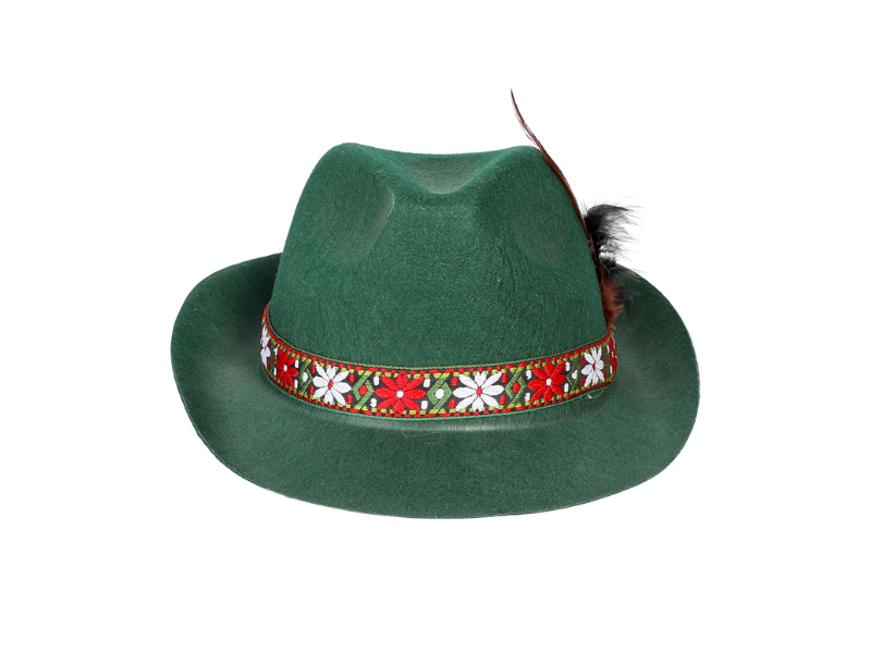 Tyrolerhatt grön med fjäder och blommor