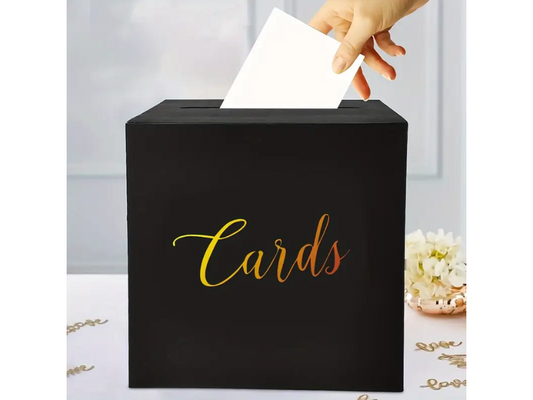 Svart kortlåda med guldtext
