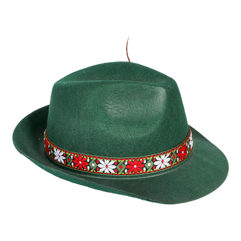 Tyrolerhatt grön med fjäder och blommor