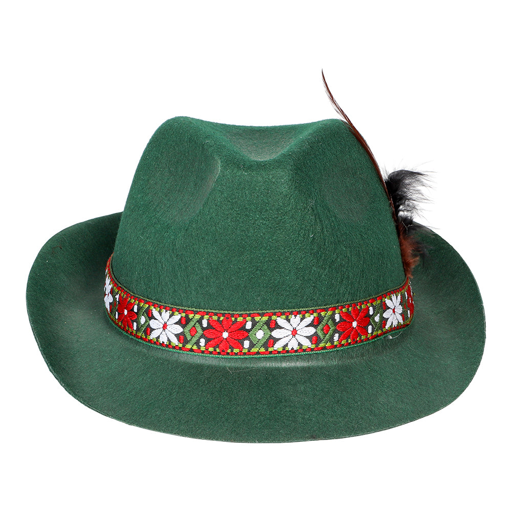 Tyrolerhatt grön med fjäder och blommor