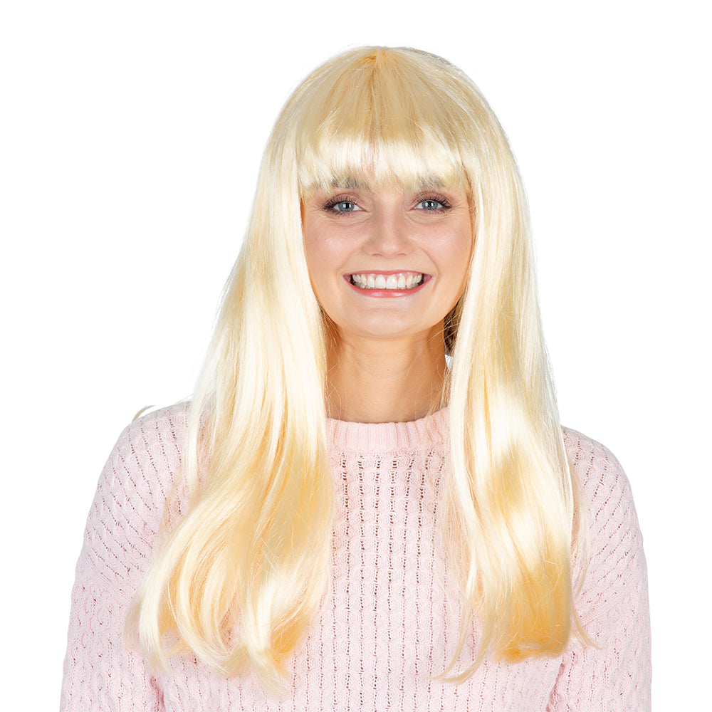 Lång blond peruk med lugg