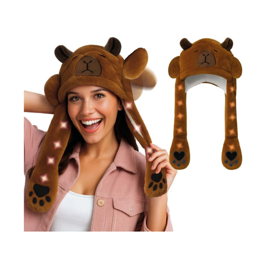 Djurmössa - brun kapybara med rörliga öron och ljusslinga